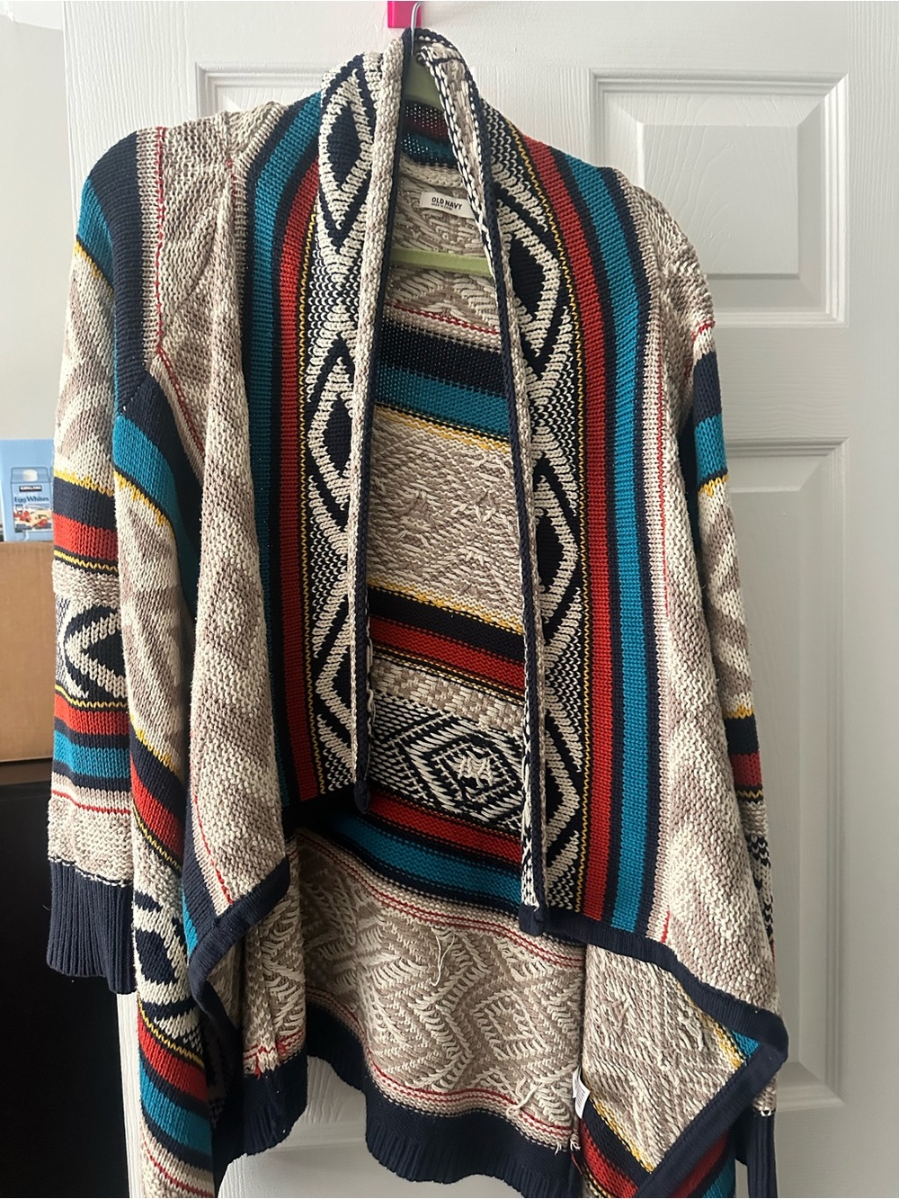 Old Navy Beige Open-Front Striped Knit Poncho with Teal, Red & Yellow Accents
